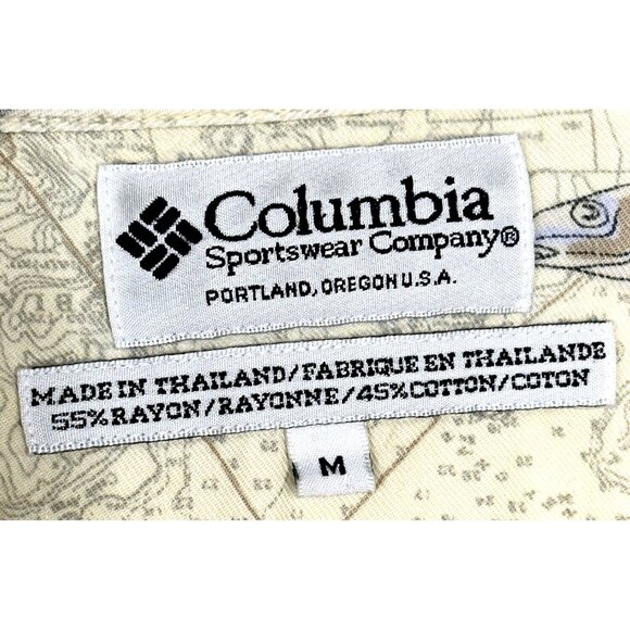 Columbia Mens Shirt Allover Fish Print Short Sleeve Button Up Tan Beige Medium - Picture 6 of 11